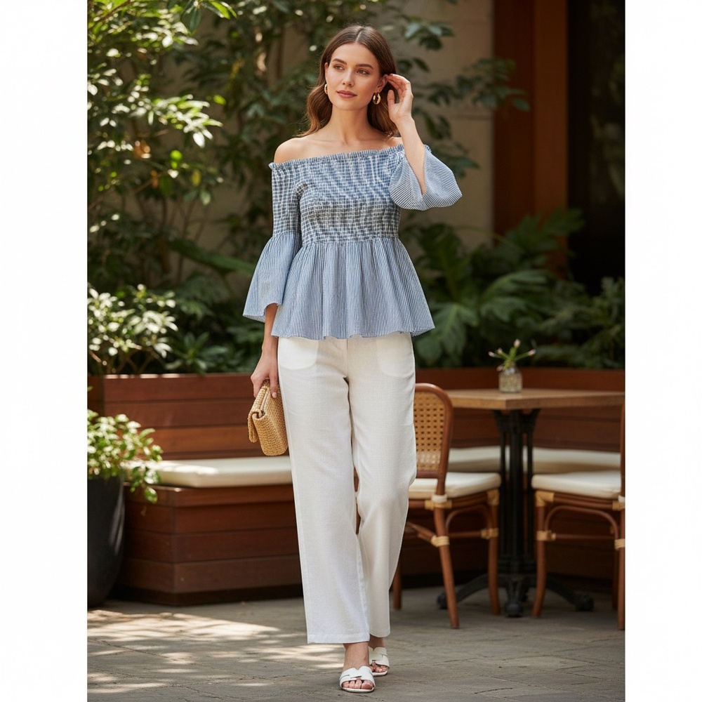 White and Blue, off shoulder top, smoked chest and waist, body flattering Medium